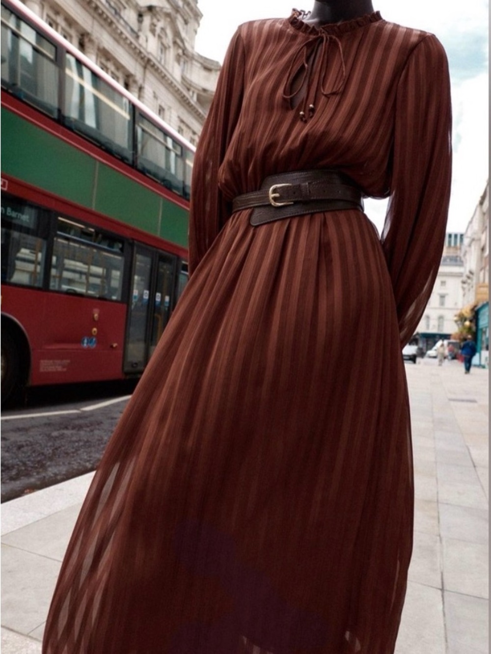 Zara Chestnut Brown Long-Sleeve Pleated Maxi Dress